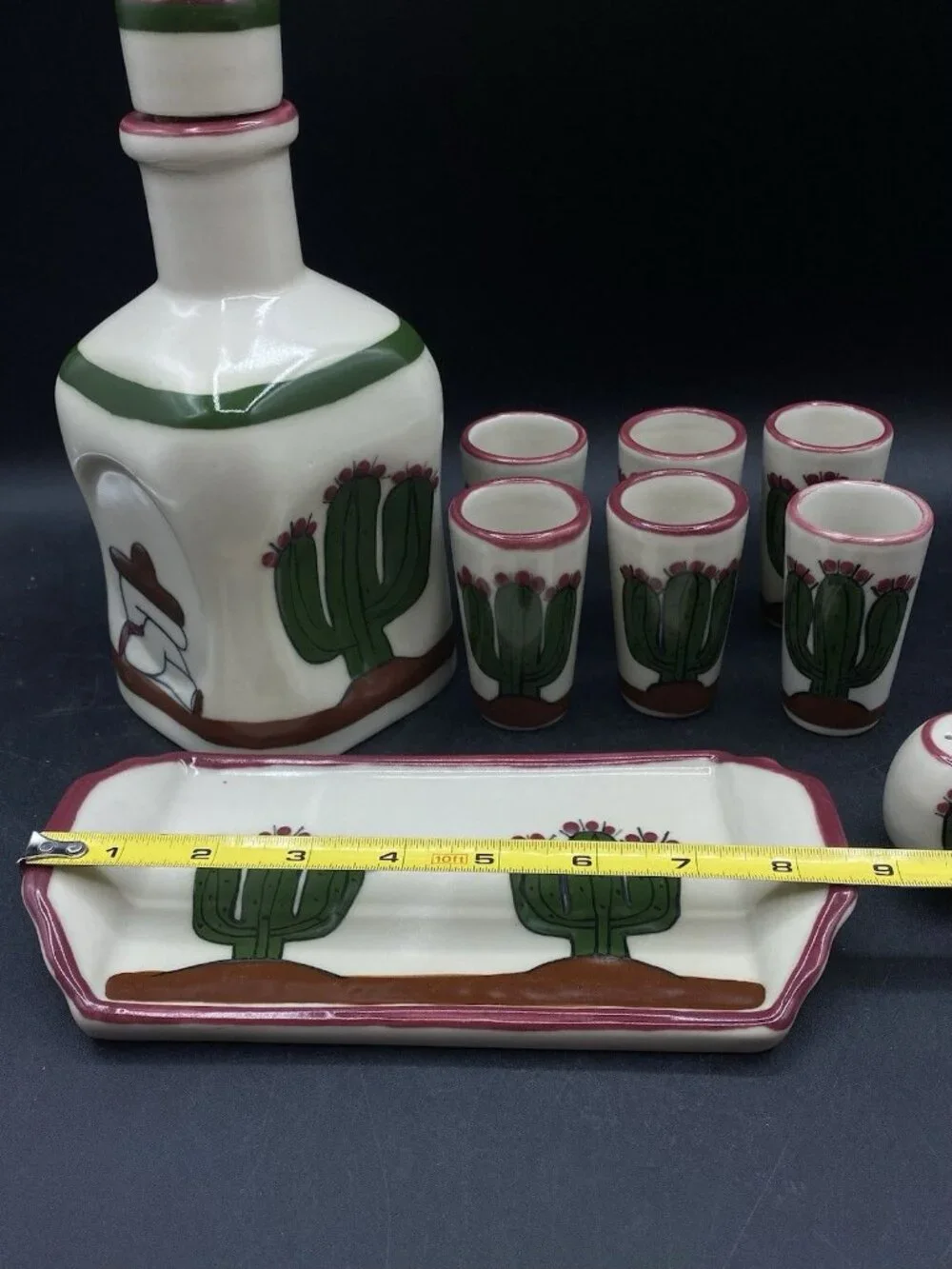 LM Mexico Tequila Sombrero Cactus Set Shot Glasses Salt Shaker Tray Vitrified ￼